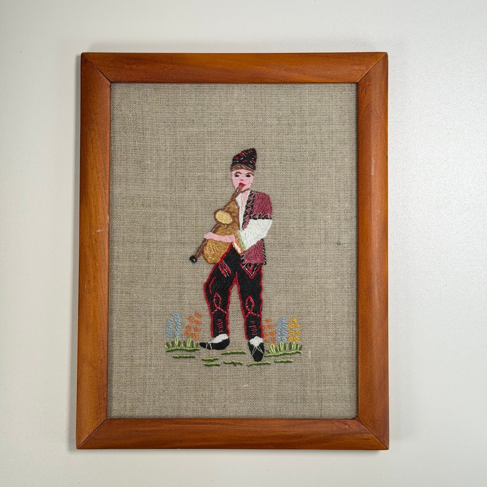 Vintage Mid-Century Petit Needlepoint Bagpiper Framed Tapestry 9x11 Folk Art